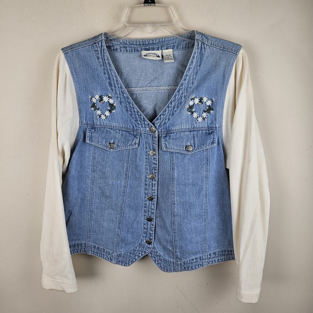 Vtg 90s denim top sz 14 blue cottagecore cream textured sleeves embroidered